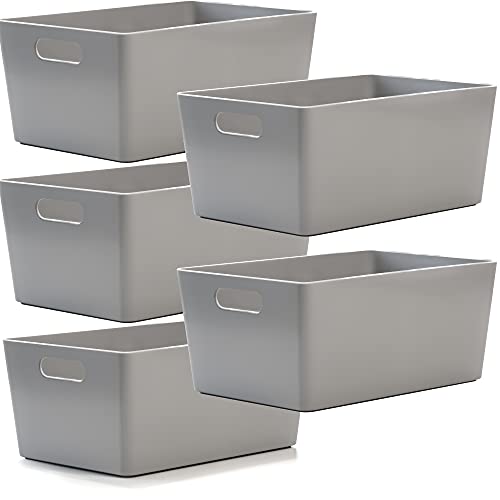 Lot de 5 Paniers de studio en plastique gris - Boîtes de rangement pour la maison ou le bureau - Convient pour les étagères, les tiroirs, les armoires à linge (25,5 x 17 x 11 cm)