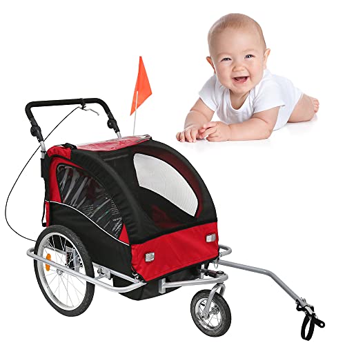 Remolque de bicicleta convertible Jogger 2in1 360 ° giratorio para 2 niños Cochecito de transporte con amortiguador en 155 x 88 x 108 cm (negro + rojo)