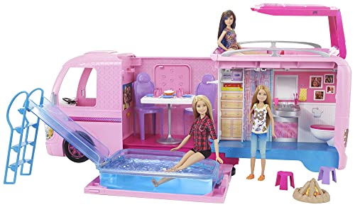 Barbie - Autocaravana transformable - Vehículo rosa con ruedas reales - Piscina con tobogán, ducha, cocina y WC - Más de 60 cm - Regalo a partir de 3 años, FBR34