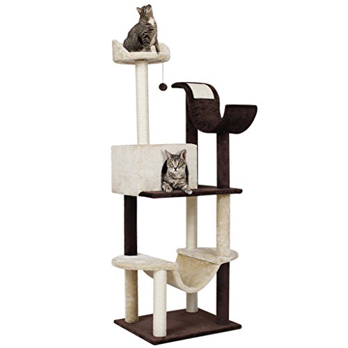 Finether - Árbol para gatos de 5 niveles, 154 cm, árbol para gatos, poste para rascar, poste para rascar, poste para rascar, hamaca, perchas.  Plataforma Colgante y Pelota, Capacidad 3 Gatos, Marrón y Beige