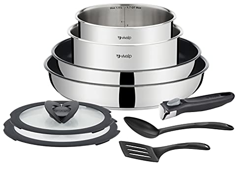 VIVALP Juego de utensilios de cocina compactos de acero inoxidable 9 piezas Sartenes y cacerolas apilables para todas las fuentes de calor, incluida la inducción