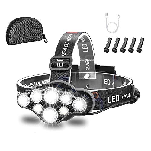 Linterna frontal, superbrillante, 8 LED, 18000 lúmenes, recargable por USB, resistente al agua, ajustable para camping, pesca, cueva, trotar y senderismo