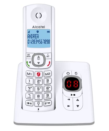 Alcatel F530 Voice - Téléphone sans fil DECT aux coloris contemporains, Répondeur intégré, Mains libres, Ecran rétroéclairé, Sonneries VIP, 10 mélodies d'appel - Blanc/Gris