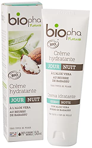 Biopha Nature – Hidratante de día y noche orgánico certificado – Aloe vera y manteca de babasú – Hidrata y nutre todo tipo de pieles – Tubo de 50 ml
