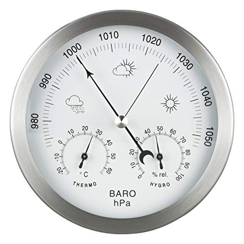 GardenMate Station météo analogique 3 en 1 en inox Ø14 cm - Baromètre, thermomètre, hygromètre