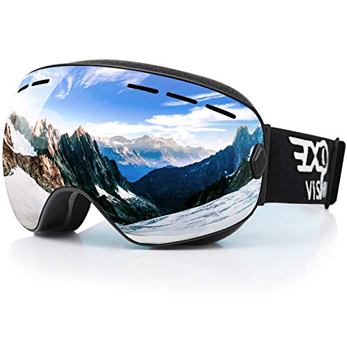 EXP VISION Masque de ski pour homme et femme - Protection 100 % UV400 - Anti-buée sur les lunettes - Lunettes de neige avec écran sphérique amovible (Argent)