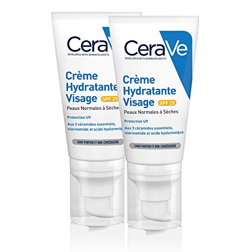 CeraVe Crema Facial Hidratante SPF 25 |  2x52ml |  Crema facial hidratante de día 24 horas con ácido hialurónico para pieles normales a secas