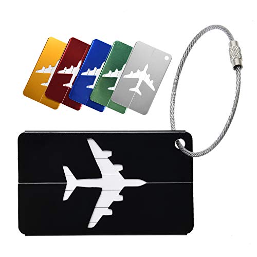 Yizhet Etiqueta de equipaje 6 piezas Etiqueta de maleta de avión Etiqueta de equipaje de aleación de aluminio con cuerdas de acero inoxidable y etiquetas de equipaje de tarjeta de PVC impermeable (6 colores)