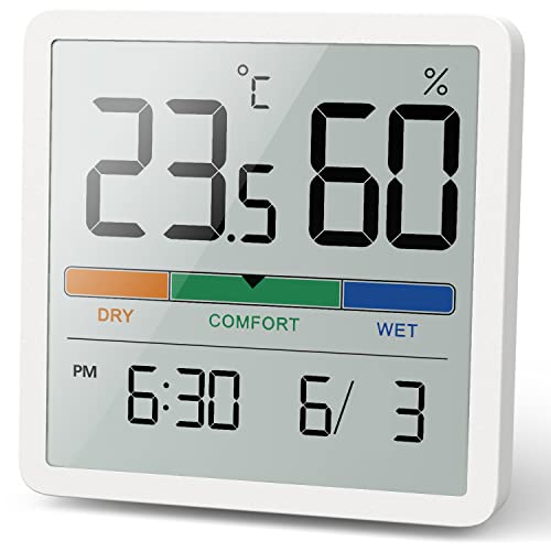 NOKLEAD Termómetro higrómetro para interiores, termómetro digital de escritorio con monitor de temperatura y humedad, termómetro de habitación con indicador de humedad preciso con reloj (blanco)