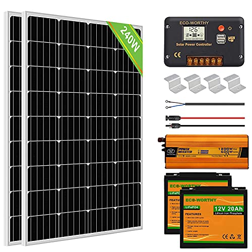Sistema de panel solar fuera de la red ECO-WORTHY 240W 12V con inversor y batería de litio: paneles solares de 120W * 2 + controlador de carga de 30 A + baterías de litio de 20 Ah * 2 + inversor de 600 W
