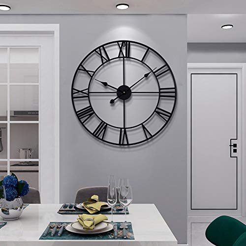 Reloj de pared de Metal silencioso grande que funciona con pilas, estilo Vintage, números romanos, decoración, sala de estar, dormitorio, cocina, redondo, 60cm, negro