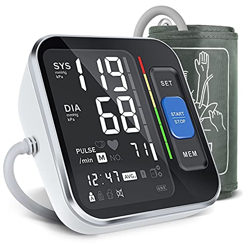 Monitor de presión arterial, monitor electrónico de presión arterial en la parte superior del brazo con detección de arritmia, manguito (22-40 cm), pantalla grande y 2*120 espacios de memoria.