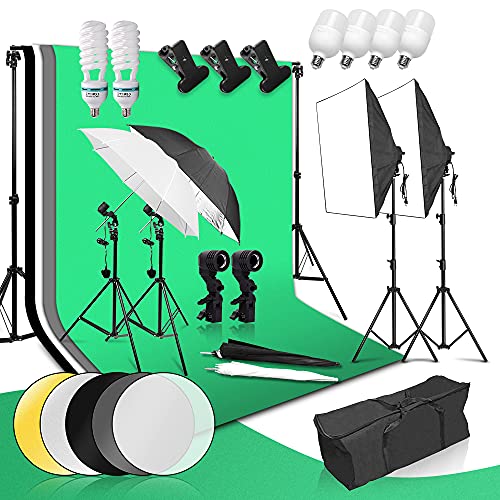 Zingbabu Kit Studio Photo Softbox avec Trépied d'Eclairage Réglable 50x70cm Support de 6.6x6.6FT Toile de Fond 6x9FT NDouille de Lampe 5-en-1 Ampoule de 145W 5in1 Réflecteur pour Photographie Vidéo
