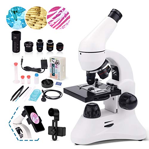 USCAMEL Microscopio 100X-2000X Dual LED Lente de vidrio óptico Microscopios monoculares de laboratorio para niños Adultos Estudiantes Escuela Educación en el hogar con toboganes, kits de ciencia