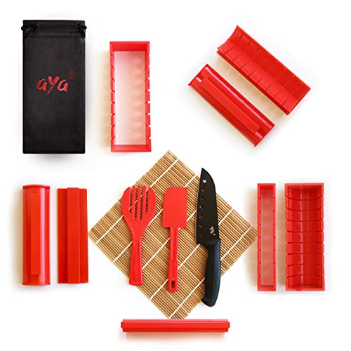 The Sushi Maker AYA - Dispositivo y moldes para sushi - Kit de preparación de sushi y maki - 11 piezas - con cuchillo experto para sushi - Kit de sushi