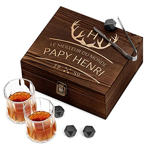 Maverton Ensemble de Pierres à whisky avec 2 verres dans la boîte personnalisée - Cadeau d’anniversaire pour chaque homme - Coffret de pierres avec verres - cerf