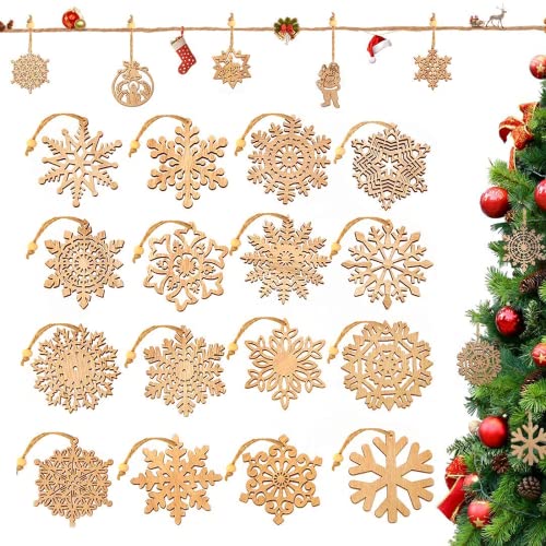 Decoración de árbol de Navidad de madera, adorno de copo de nieve de madera de 16 piezas, adornos de árbol de Navidad de madera, decoración de Navidad adorno colgante de copo de nieve, decoración de bricolaje