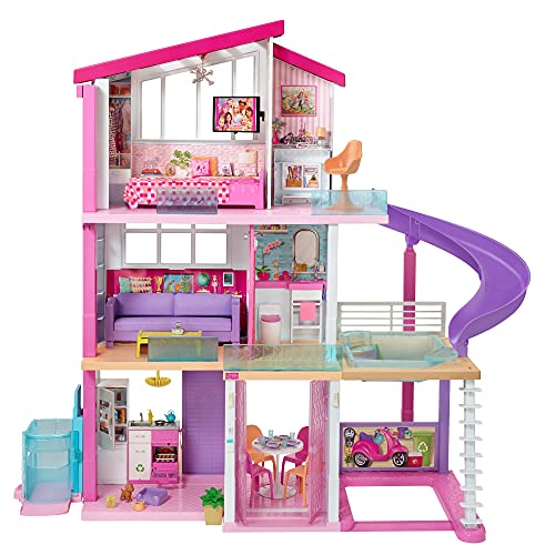 Barbie - Barbie Dream House - Casa de muñecas con ascensor, piscina, tobogán y muebles - 70 accesorios - 90 x 120 cm - Regalo a partir de 3 años, GNH53