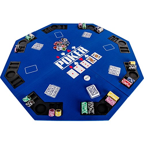Tablero de póquer Fullhouse plegable Maxstore para hasta 8 jugadores de póquer octogonal, Dimensiones: 120 x 120 cm, tablero de MDF, 8 portavasos, 8 fichas medianas, azul