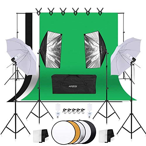 Kit d'éclairage Andoer Photo Studio, Fond 1,8 m * 2,7 m, système de Support d'arrière-Plan, réflecteur de Photographie, Parapluie à lumière Douce, boîte à lumière, Ampoule 45W 5500K