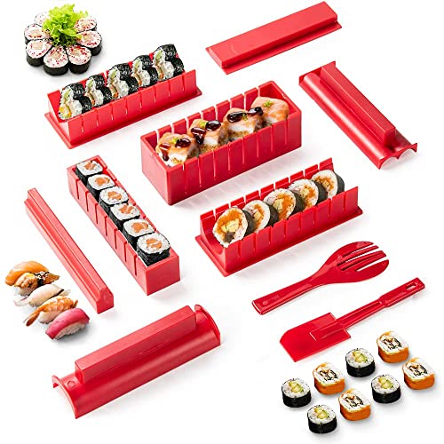 Sushi Maker Kit 10 PCS Moules à Sushi Cuisine Bricolage facile Kit de Préparation à Sushi Sushi set set riz Rouleau Kit Sushi Sushi Maker DIY Cuisine Coffret Complet Convient à Dãbutants (Rouge)