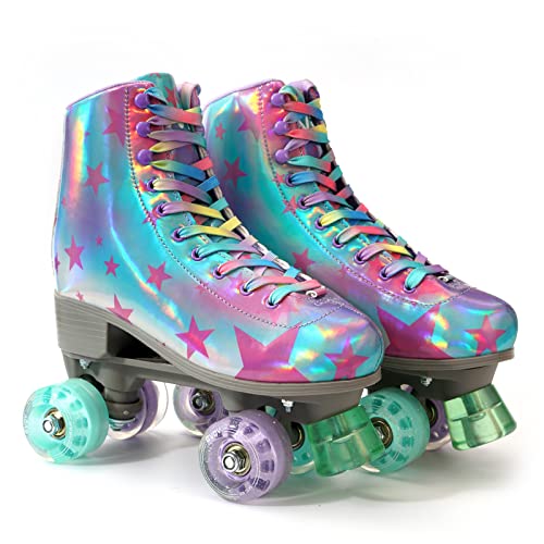 GVDV Patines de ruedas para mujeres/niñas - Cuero de PU brillante - Patines de ruedas para principiantes, patines de ruedas clásicos de doble fila, patines de 4 ruedas para exteriores e interiores