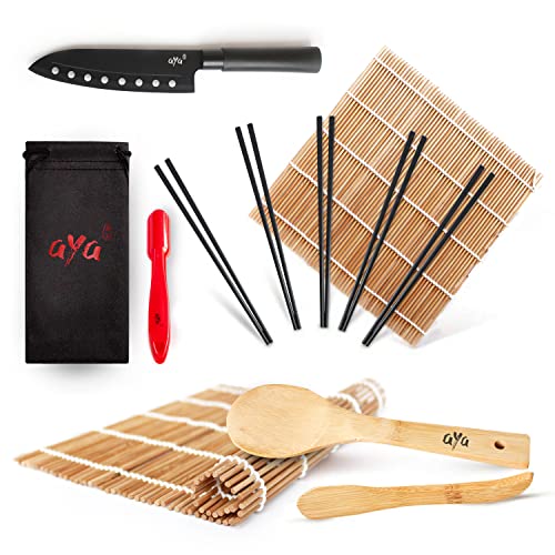 AYA Kit à Sushi - Nattes de Première Qualité - Bambou 100% Naturel - Kit Bambou avec Couteau à Sushi - Tutoriels Vidéo - 2 Nattes de Bambou - Spatule et Cuillère à Riz