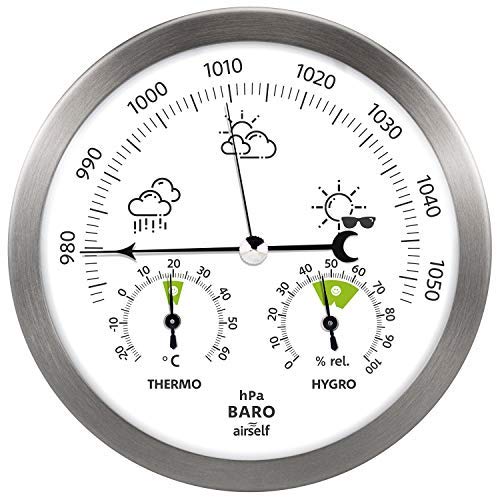airself Station météo analogique en Acier Inoxydable - avec baromètre/thermomètre/hygromètre - pour intérieur/extérieur