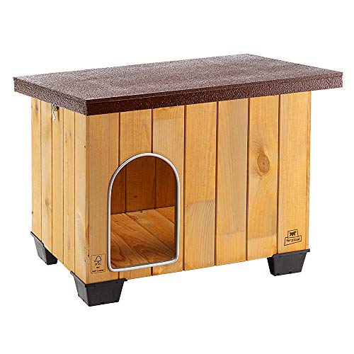 Caseta exterior para perros BAITA 60 de Ferplast, en madera FSC, pies aislantes de plástico, puerta anti-mordeduras de aluminio, techo practicable